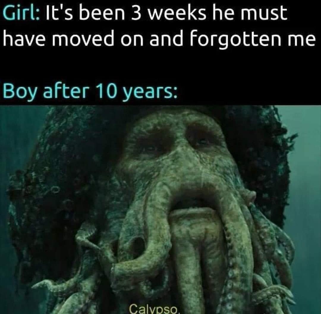 A "Pirates of the Caribbean" Davy Jones meme contrasting how girls and boys move on from relationships.
