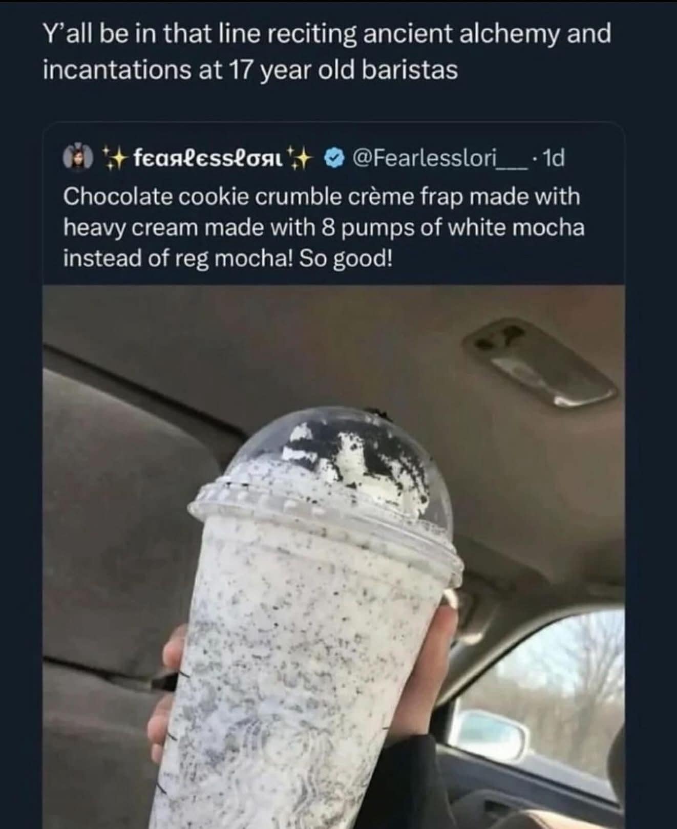 A funny meme about complex Starbucks coffee orders being like reciting ancient alchemy or incantations.