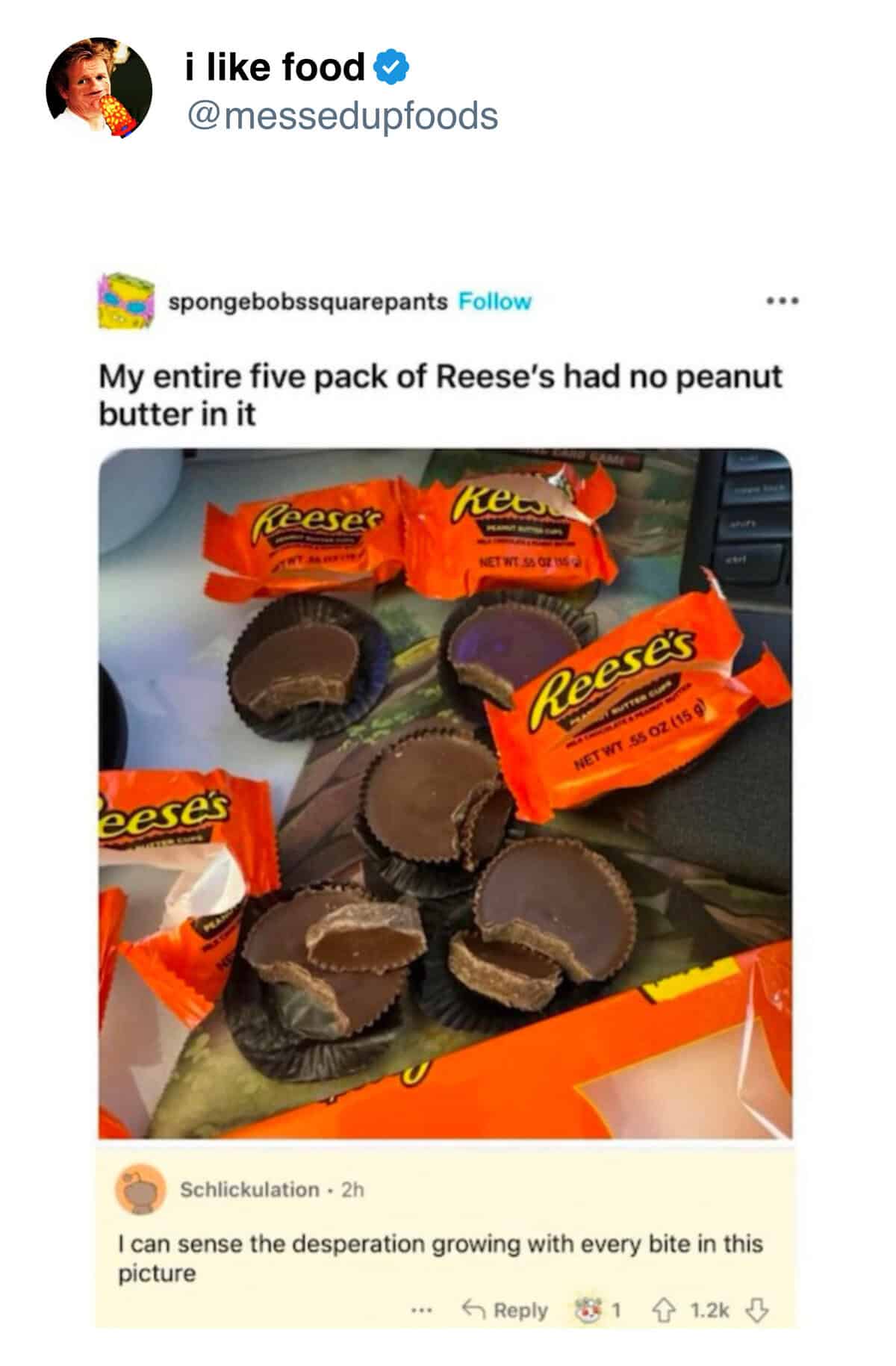 A tragic picture of a full pack of Reese's cups that have no peanut butter filling inside.