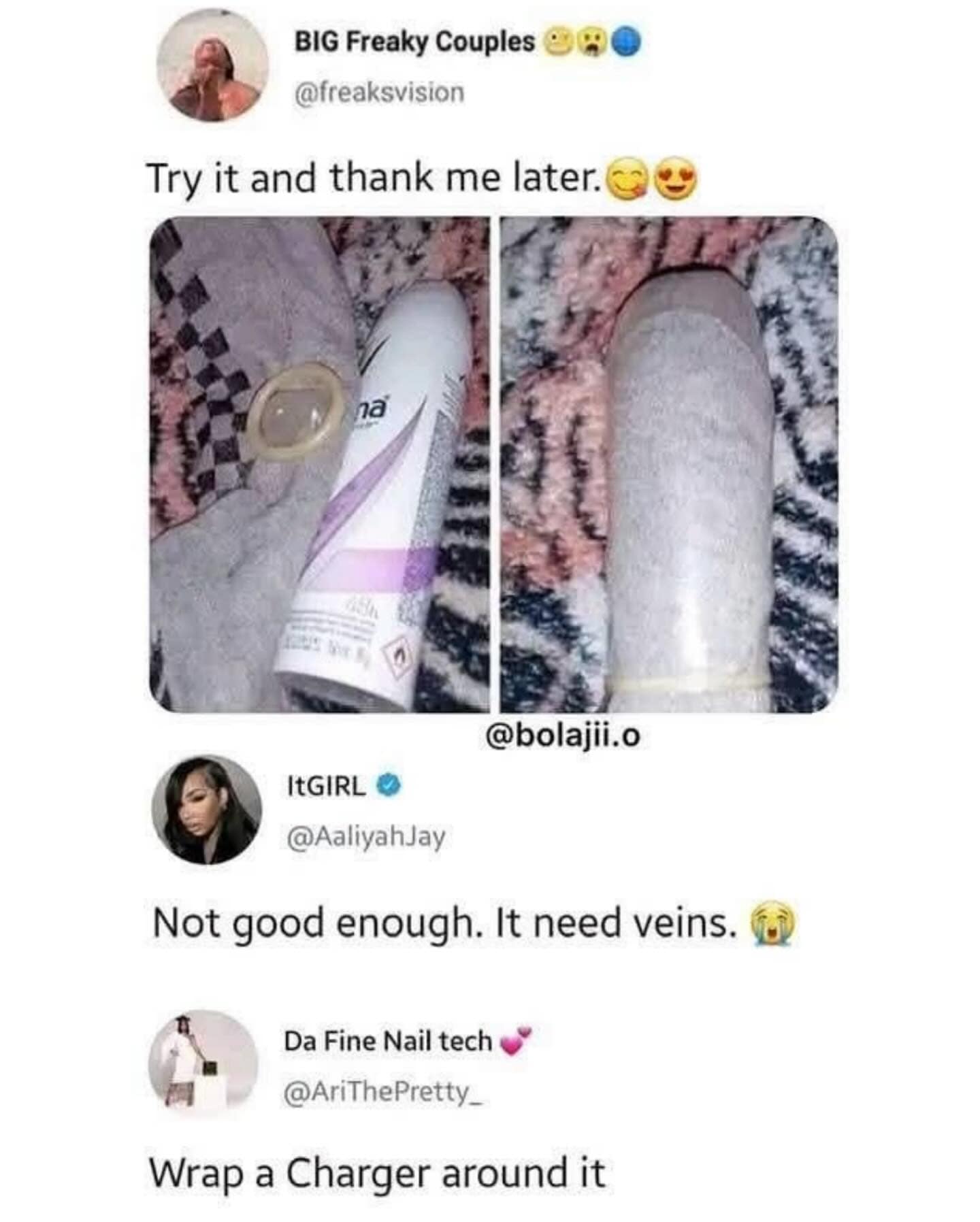 A funny meme with some wild and creative suggestions for a DIY adult toy project.