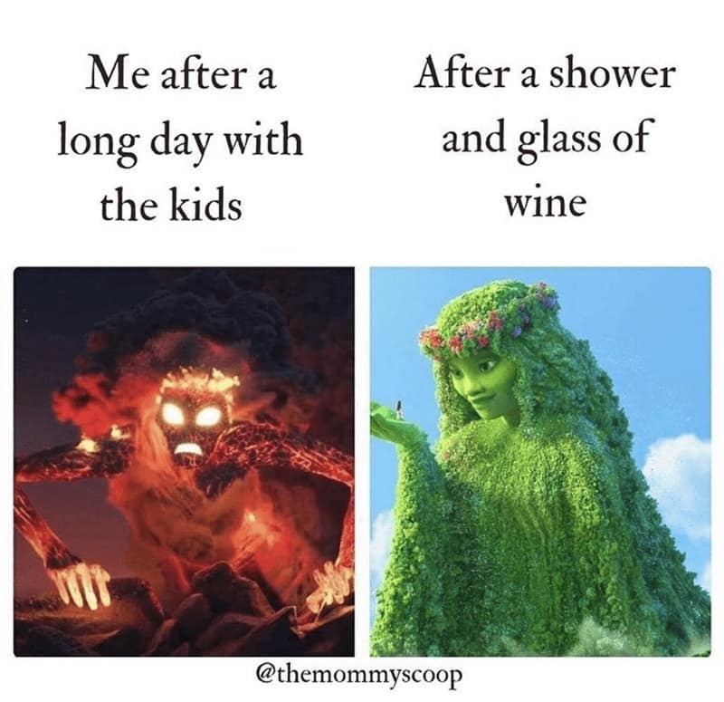 A Moana meme comparing a mom to a lava monster before and a serene goddess after a shower and wine.