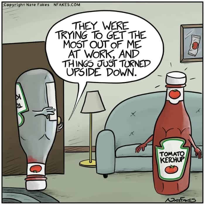 Cartoon ketchup bottles discuss upside down life in funny online webcomics panel