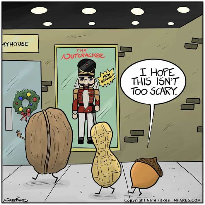 Cartoon nuts nervous outside Nutcracker play in funny online webcomics scene