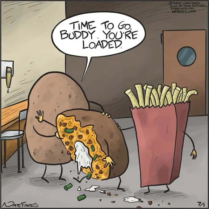 Cartoon baked potato comforts loaded potato in funny online webcomics illustration