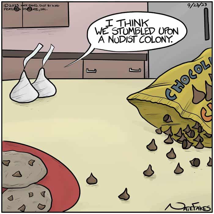 Cartoon chocolate kisses discover chocolate chip pile in funny online webcomics setting