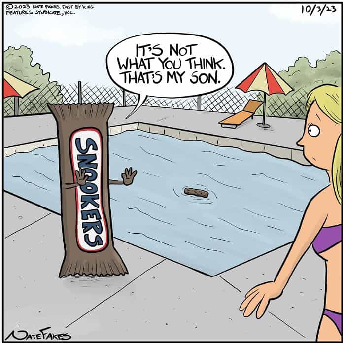 Cartoon Snickers parody bar explains candy in pool in funny online webcomics