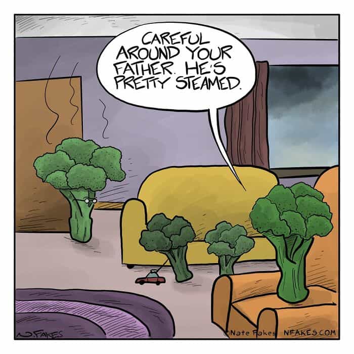 Cartoon broccoli family warns about steamed father in funny online webcomics