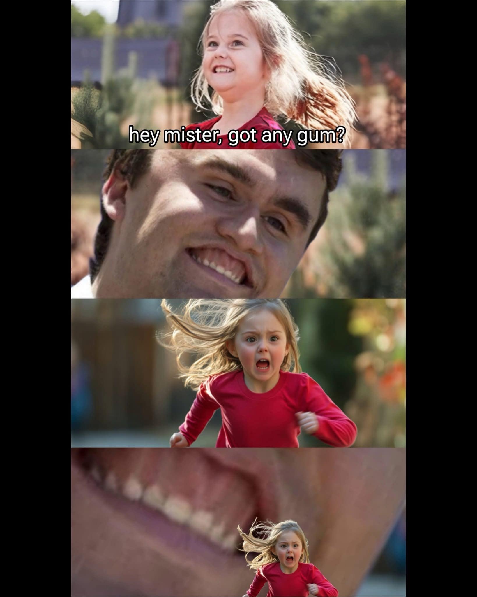 A weird and funny pic showing a surreal meme about a girl running from a creepy man Charlie Kirk.