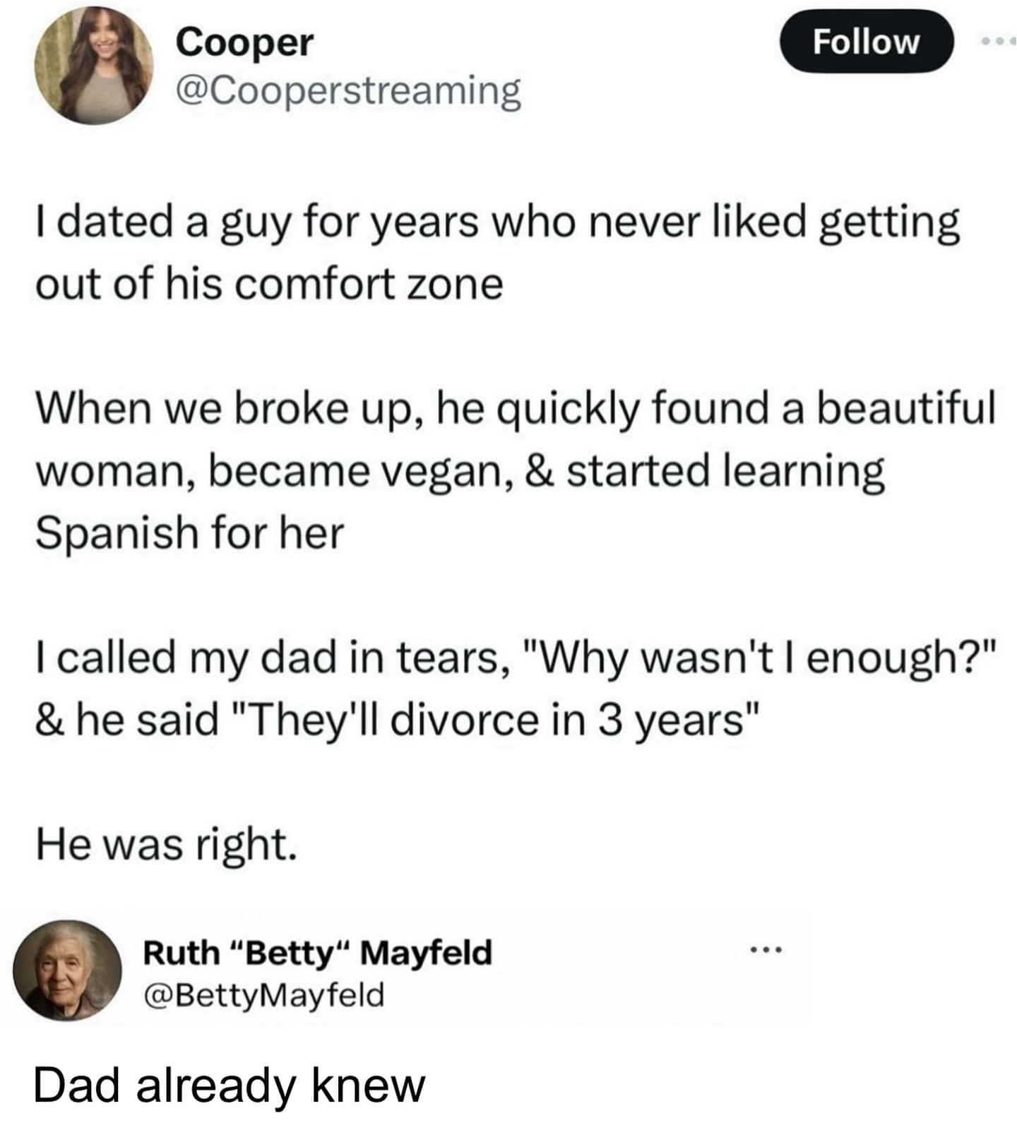 A funny pic of a tweet where a dad correctly predicts his daughter's ex will get divorced.