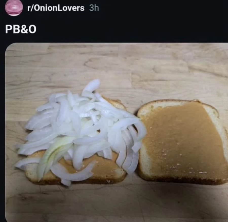 A funny pic of a cursed peanut butter and raw onion sandwich from Reddit's r/OnionLovers.