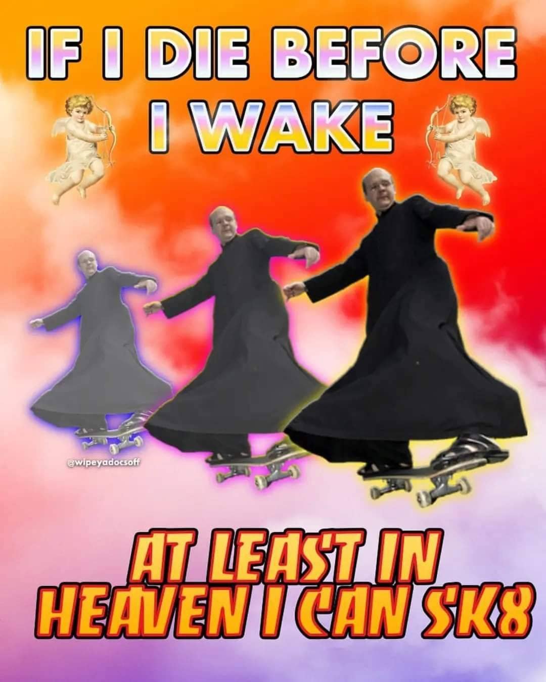 Priest skateboarding in a surreal heaven-themed meme