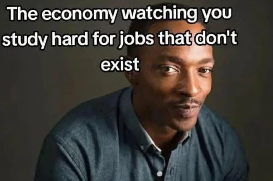 Anthony Mackie smirking in a meme about the economy and studying for nonexistent jobs.