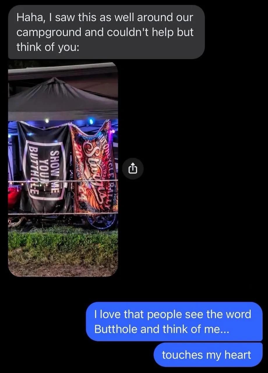 A funny pic of a text exchange about a very specific and vulgar sign at a campground.