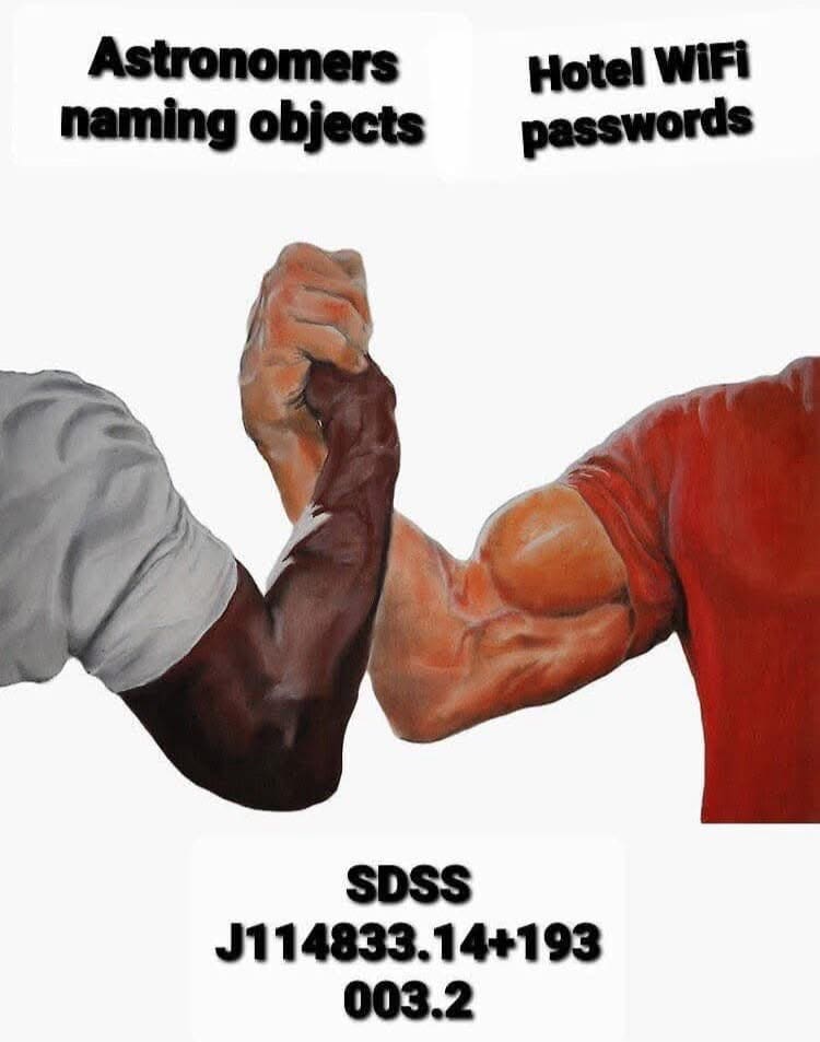 Funny picture of the Epic Handshake meme comparing astronomers and hotel Wi-Fi passwords.