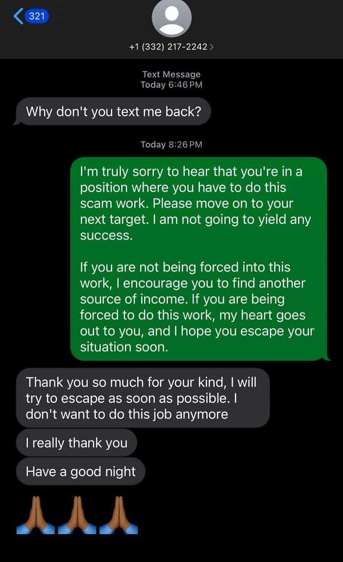 A surprising reply to a scammer where the person shows empathy and gets a wholesome response.