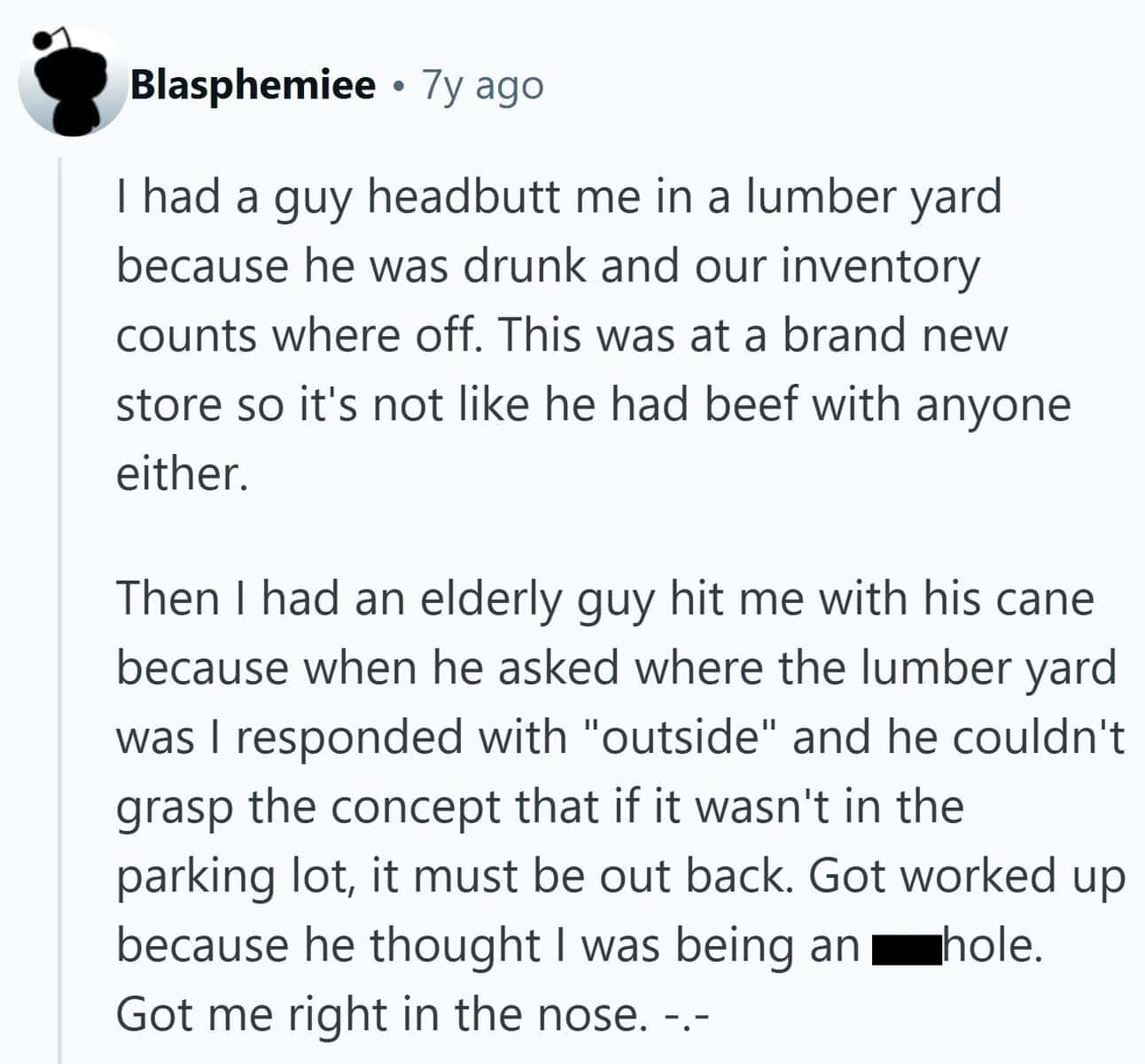 A hardware store employee is assaulted by two different customers—one headbutts him and another hits him with a cane.