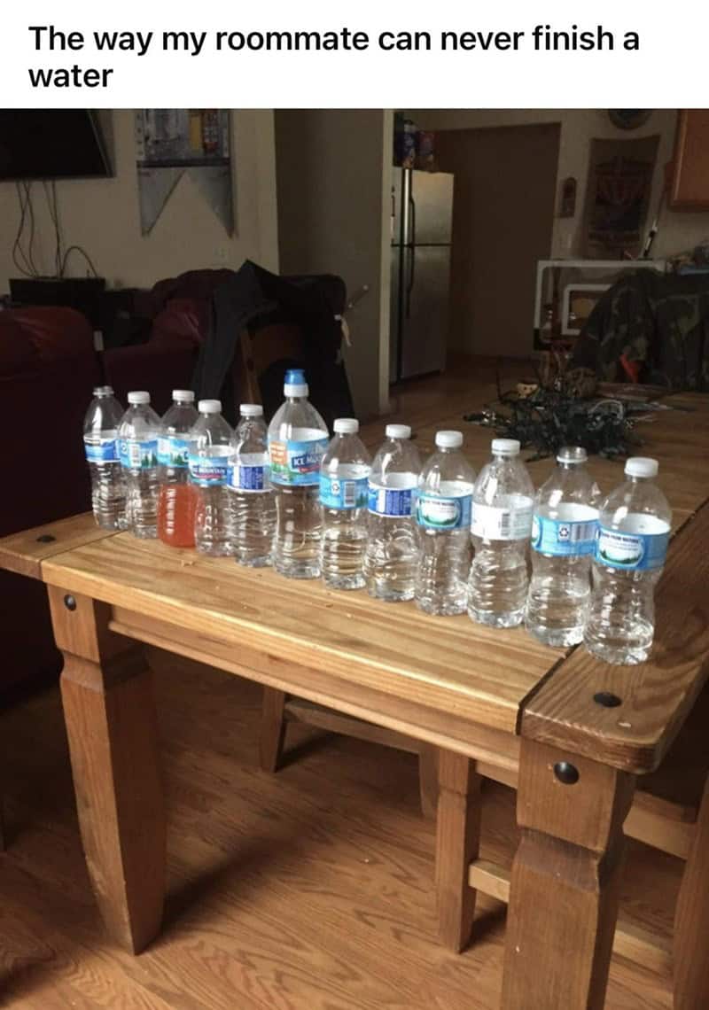 A long row of over a dozen plastic water bottles lined up, all partially consumed.
