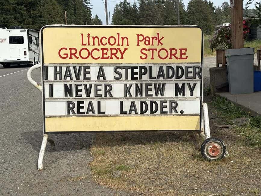 Grocery store marquee pun: “I have a stepladder—I never knew my real ladder.”