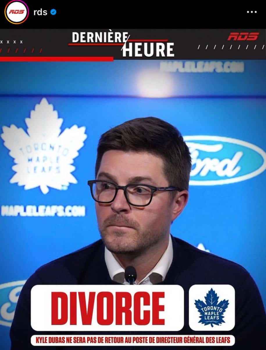 A news graphic about former Leafs GM Kyle Dubas's departure dramatically headlined with "DIVORCE."