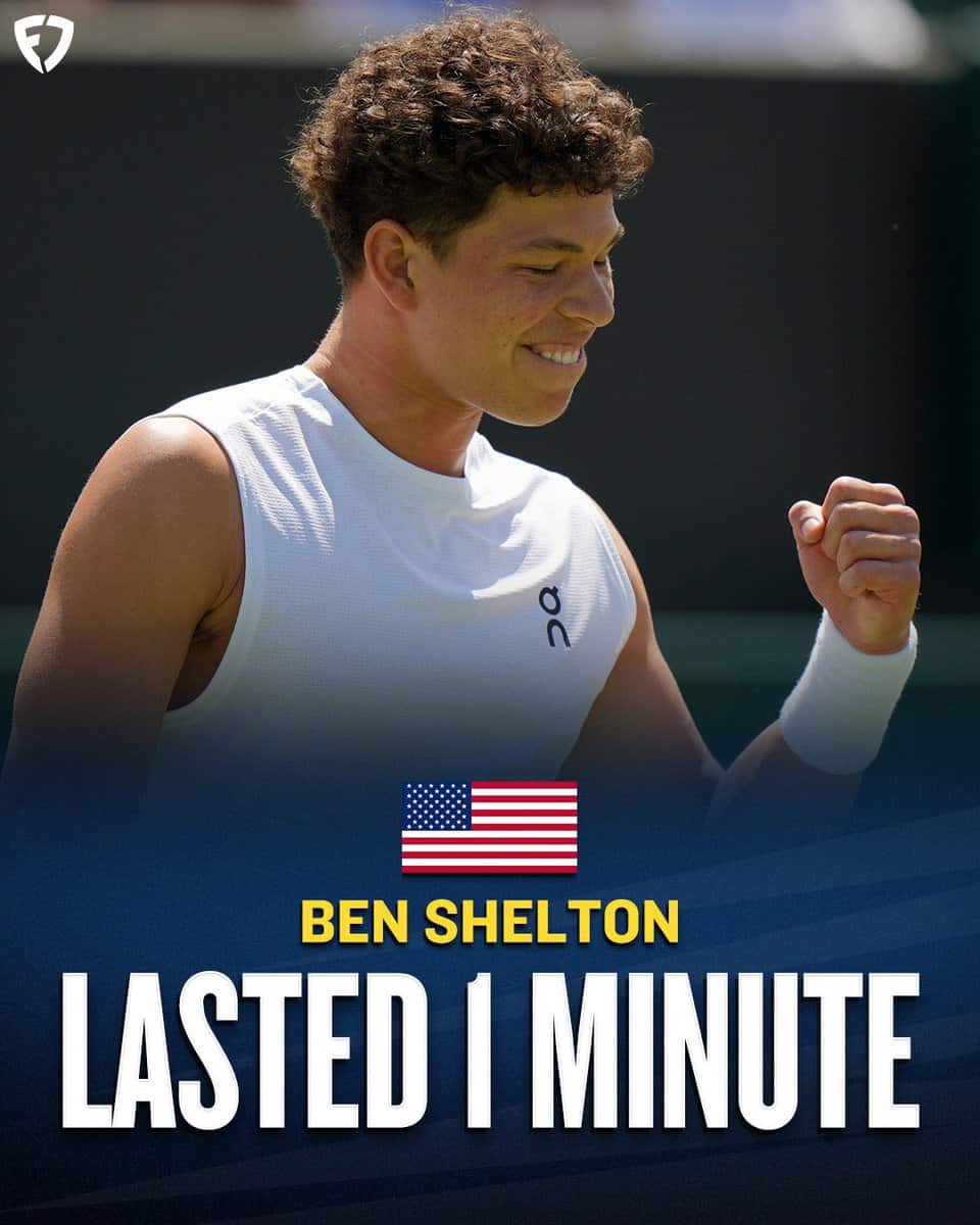 A graphic of tennis player Ben Shelton with the unintentionally hilarious caption "LASTED 1 MINUTE."