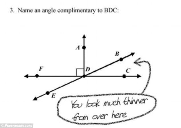 Geometry problem “Name an angle complimentary to BDC”; student writes a compliment: “You look much thinner from over here.”