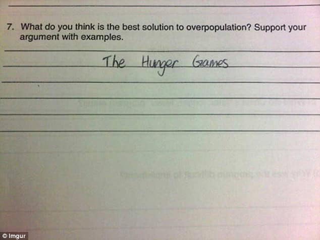 Essay prompt about solving overpopulation; lone response reads “The Hunger Games.”