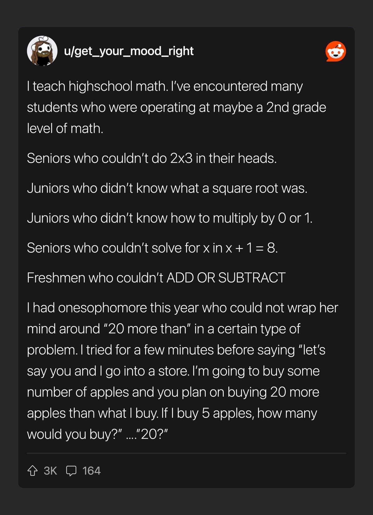 A teacher's Reddit comment on students' poor math skills, a shocking example of Gen Alpha memes.