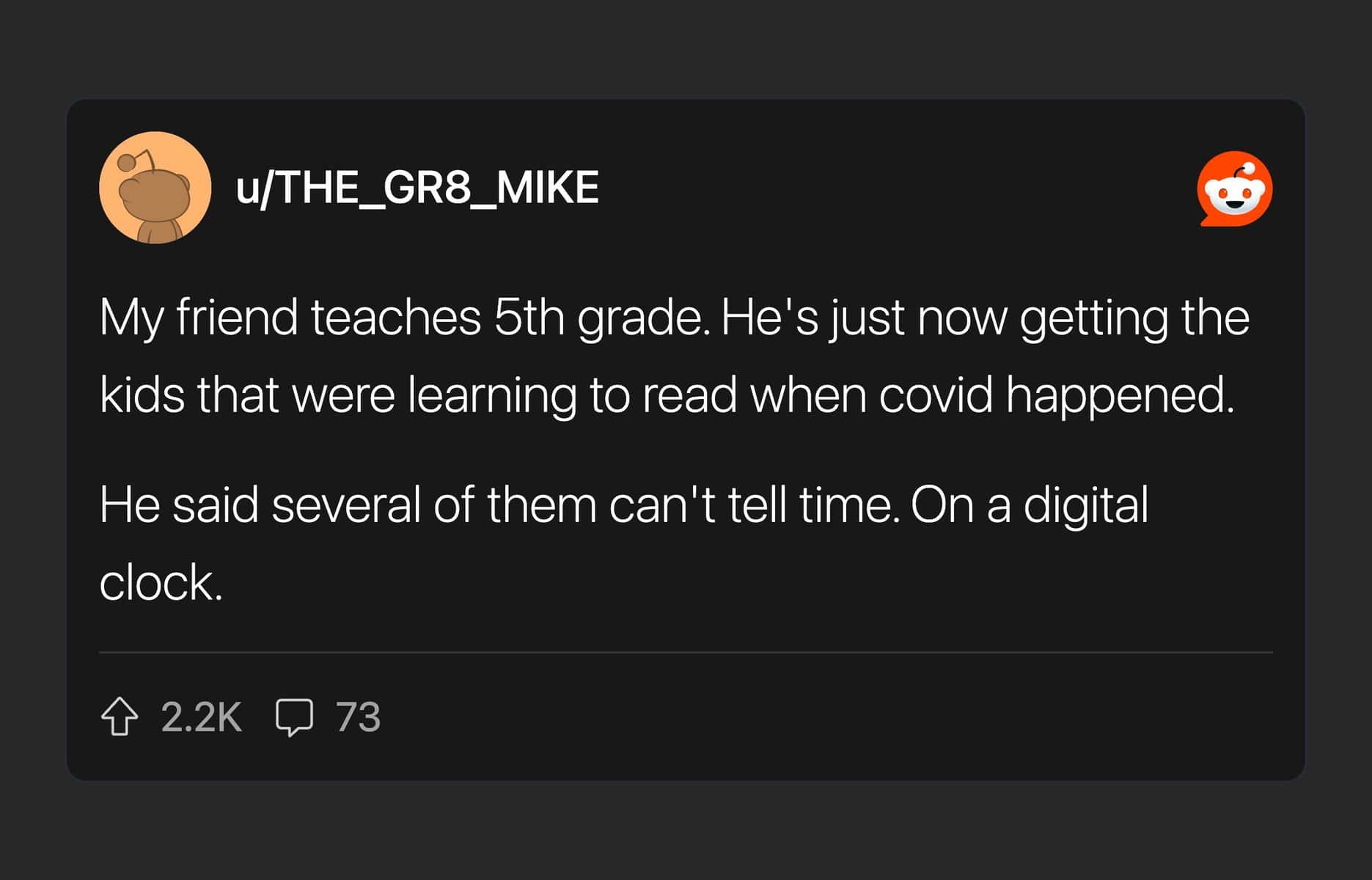 A teacher's Reddit post about 5th graders unable to read a digital clock, a classic Gen Alpha meme.