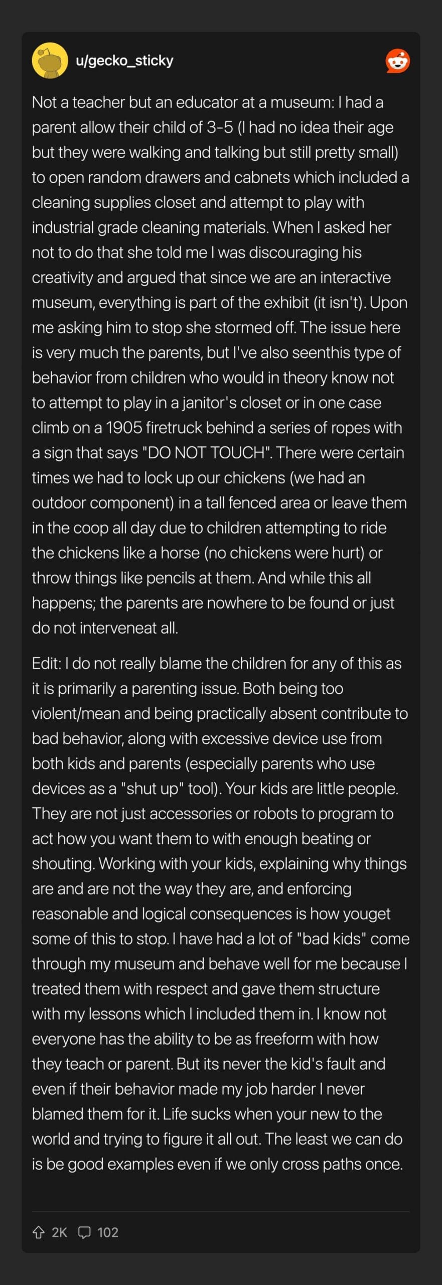 A museum educator's long Reddit story about unsupervised children causing chaos and property damage.