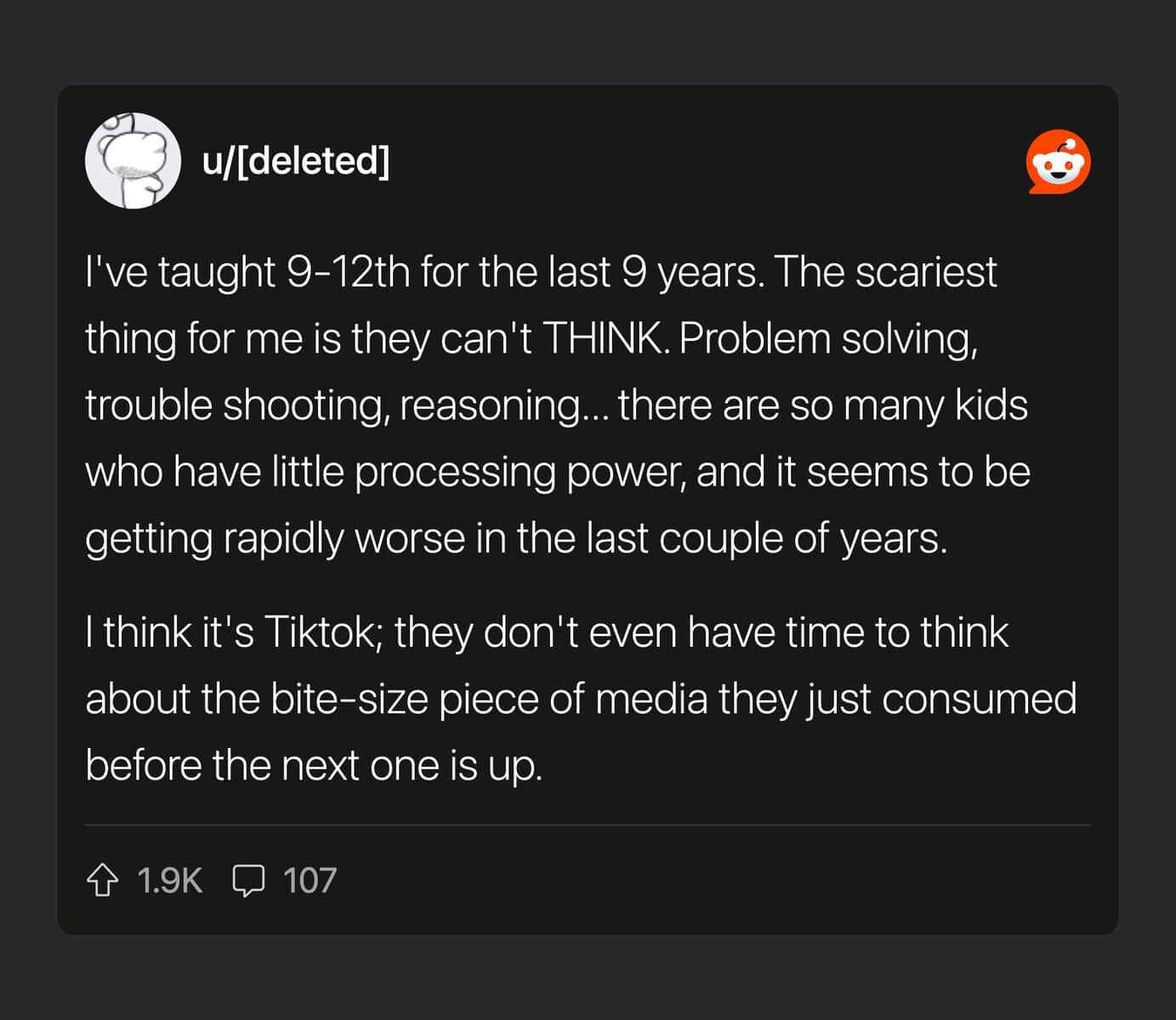 A teacher's Reddit post claiming students can't think critically, a concerning entry for Gen Alpha memes.