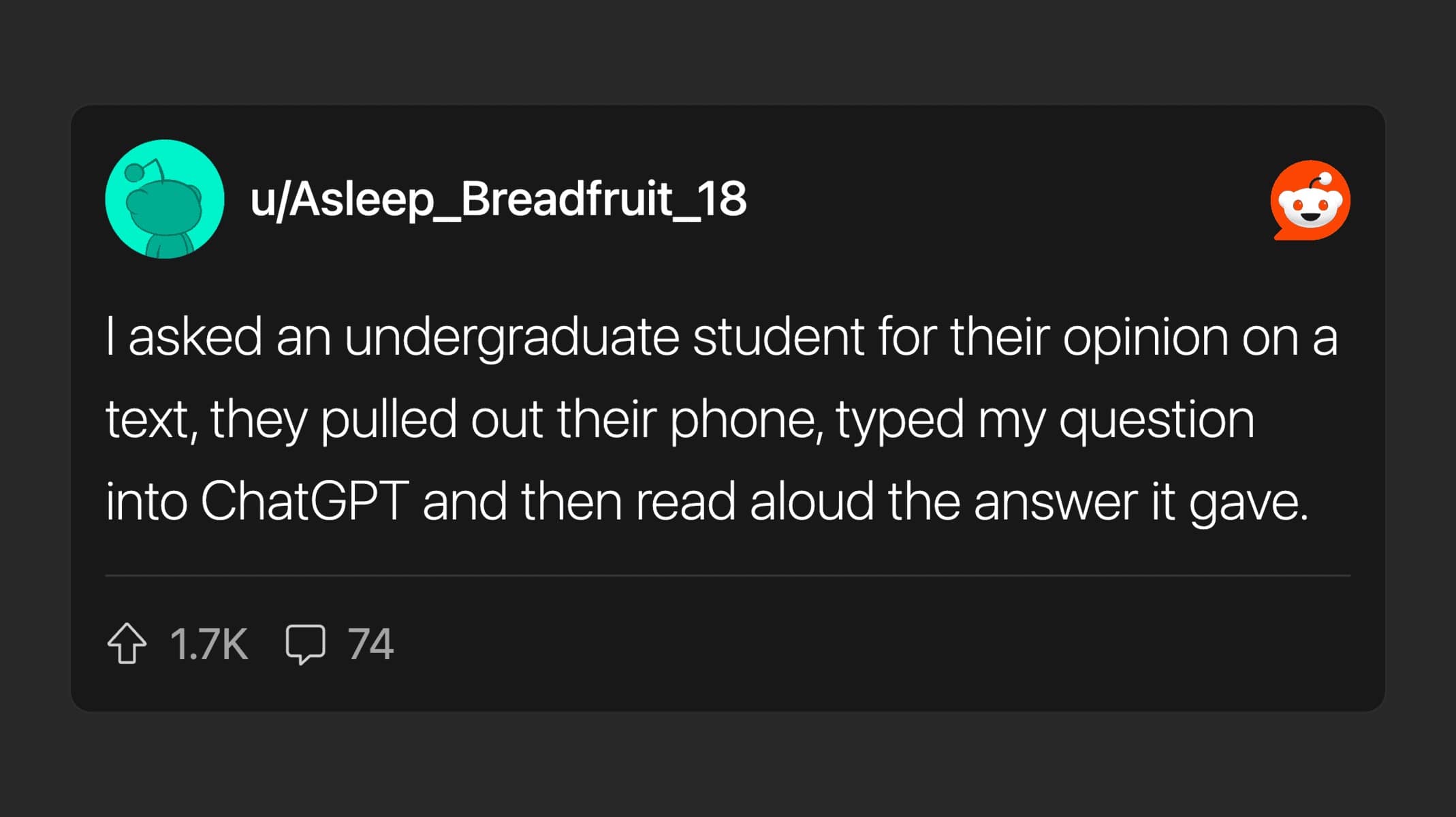 A Reddit post about an undergraduate student using ChatGPT to answer a question in real-time.
