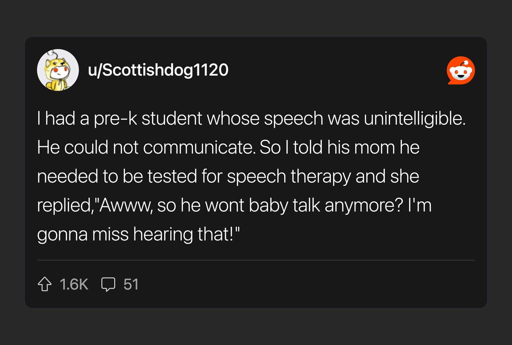 A teacher's Reddit story about a parent resisting speech therapy to preserve their child's "baby talk."
