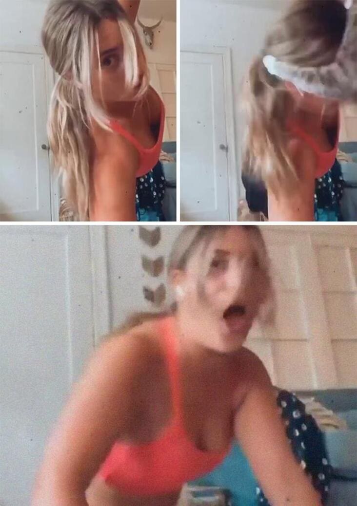 An influencer getting busted by her own cat attacking her during a video shoot.