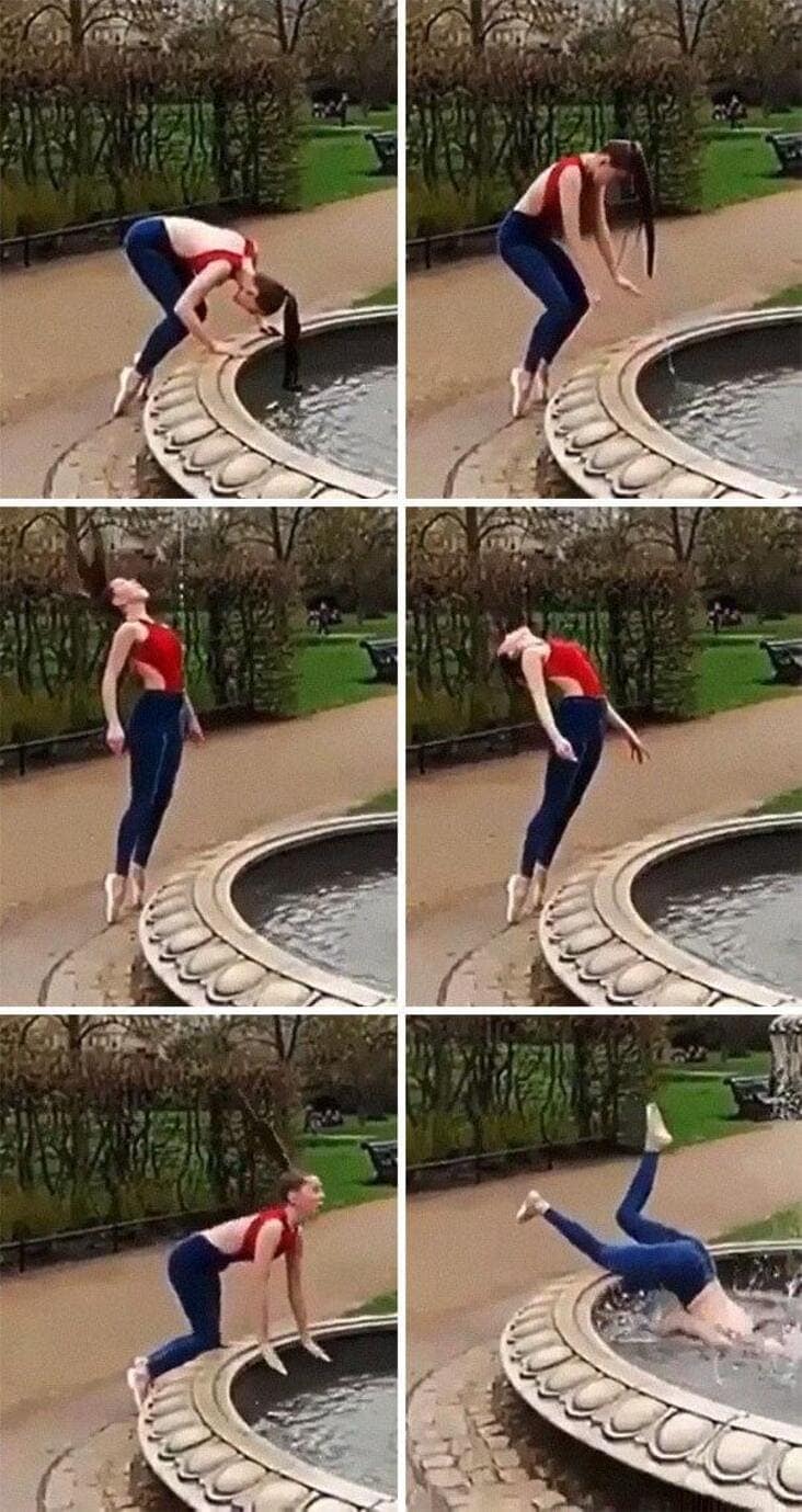 An influencer getting busted after slipping and falling into a fountain during a photoshoot.