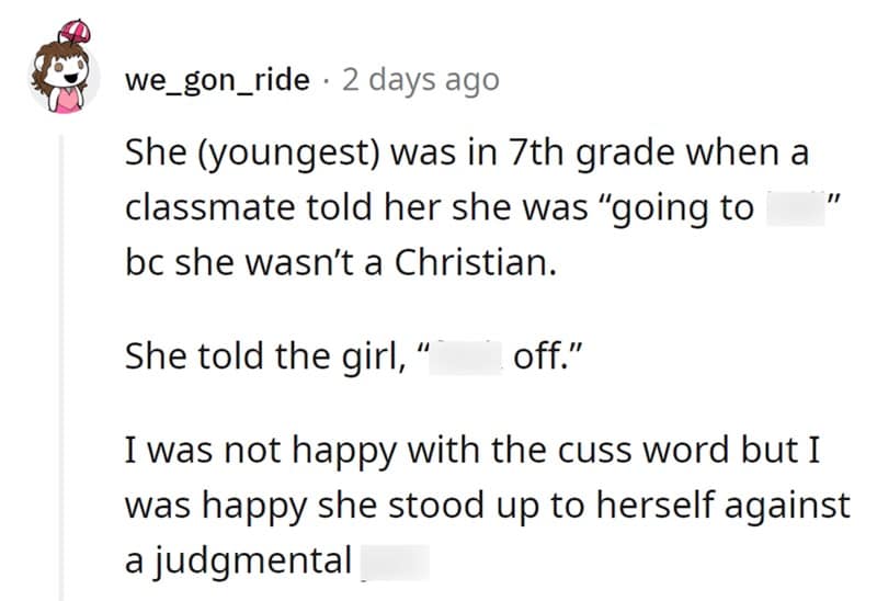 A story about a daughter standing up to a judgmental and intolerant classmate, a proud parenting moment.