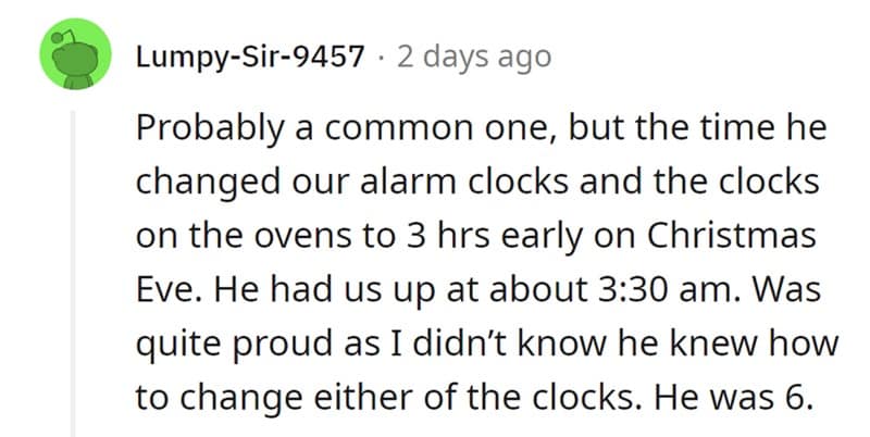 A story about a six-year-old changing the clocks to start Christmas early, a proud parenting moment.