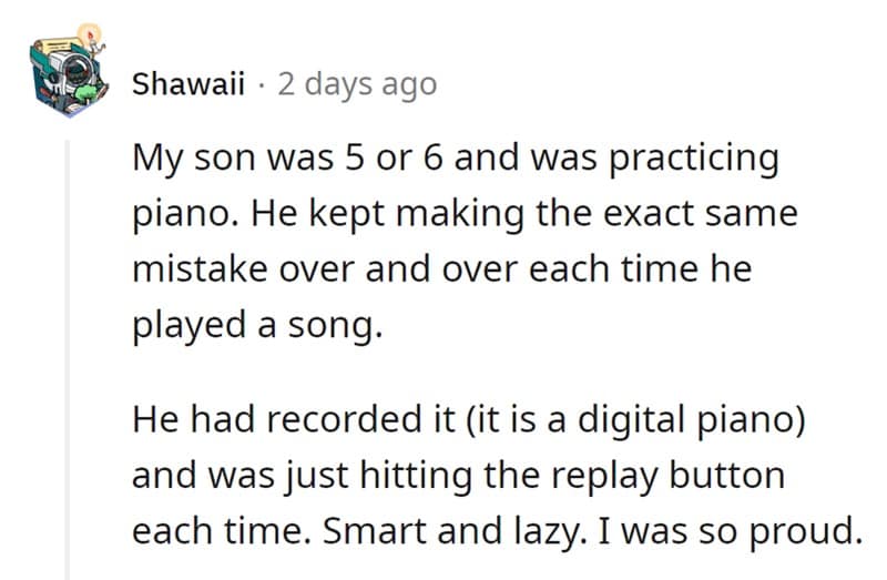 A clever kid faking his piano practice with a recording, a smart and proud parenting moment.