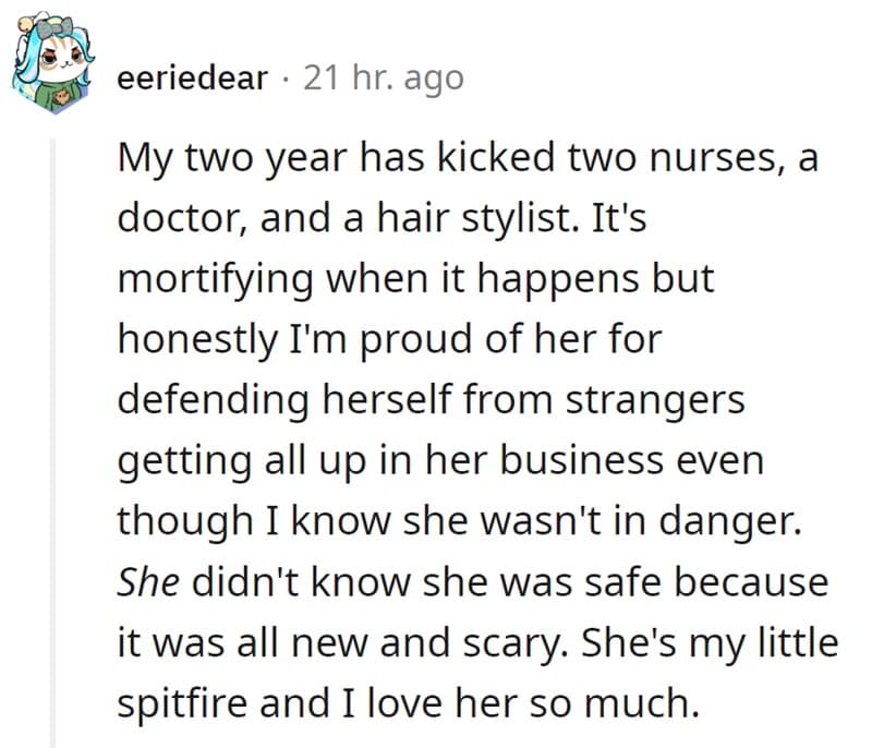 A parent's story about being proud of their two-year-old for defending her personal space from strangers.