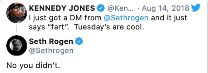 A person lies about getting a DM from Seth Rogen, who then publicly replies, "No you didn't."