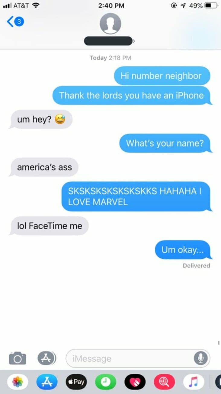 A text exchange where a number neighbor claims to be Chris Evans, a.k.a. "America's Ass."