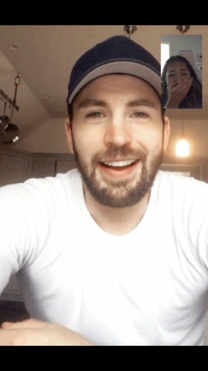 A funny photoshopped FaceTime call with Chris Evans, with the fan laughing and covering her face.