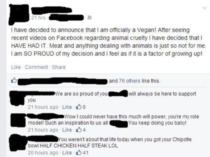 A new vegan gets called out for eating a steak and chicken bowl, a classic social media lie.