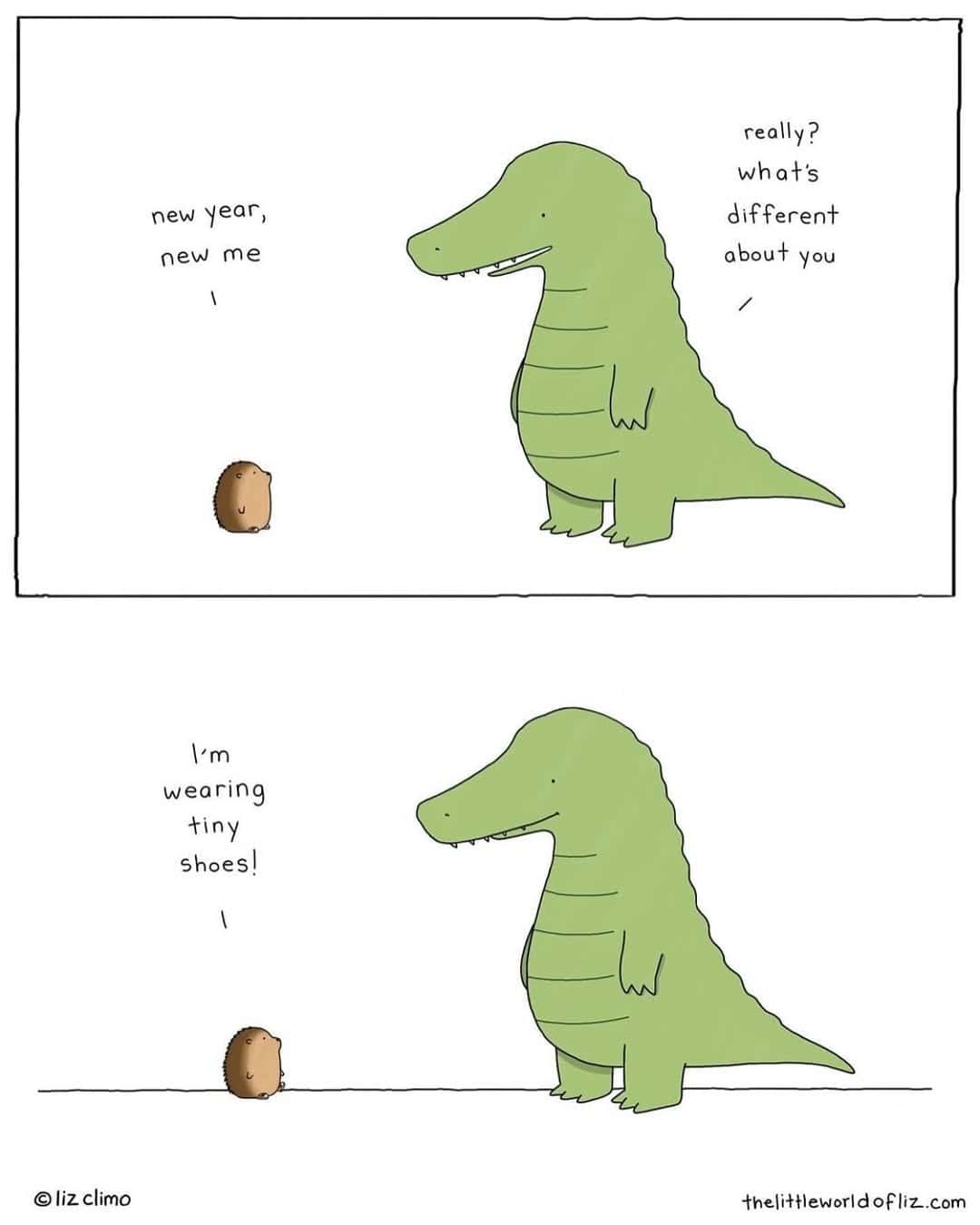 A cute Liz Climo comic about a hedgehog's "new year, new me" transformation.