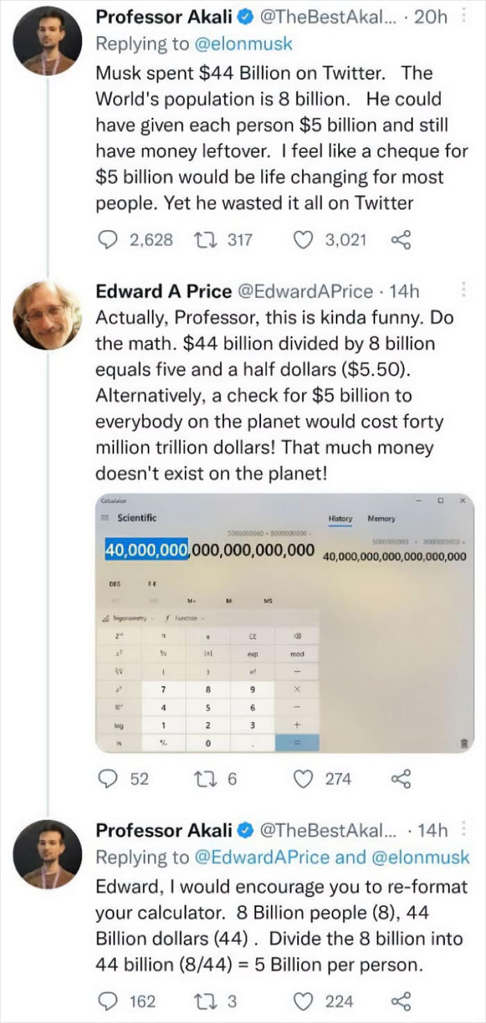 A Twitter thread of math fails where a user insists $44 billion divided by 8 billion is $5 billion.