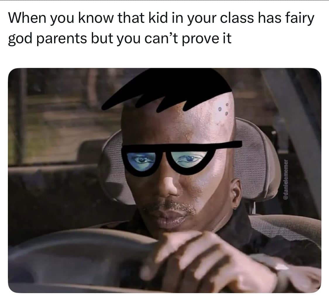 Man driving with doodled Timmy Turner hair and glasses; caption about suspecting a kid has fairy godparents.