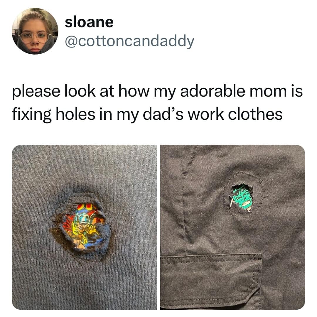Clothes patched so the holes reveal colorful cartoon faces; tweet praising mom’s repairs