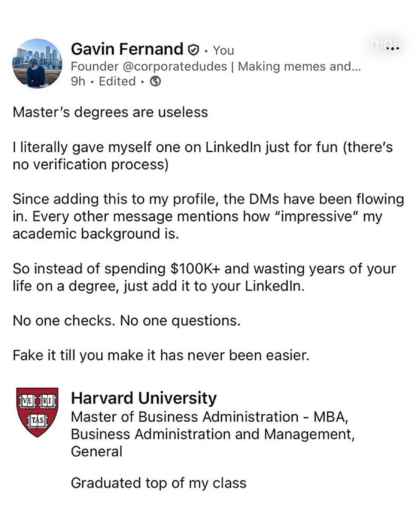 LinkedIn-style post bragging about adding a fake MBA to a profile, complete with an elite-school crest.