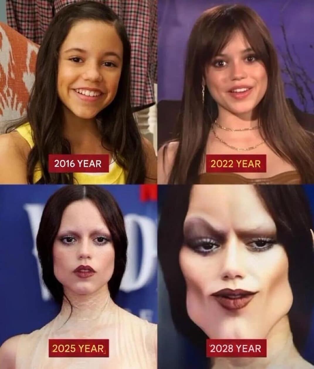 A 4-panel timeline showing a celebrity’s visual transformation from 2016 to 2028. The first two images (2016 and 2022) are standard photos showing her maturing. By 2025, the look becomes oddly stylized with heavy makeup and angular features. The 2028 image is a hilariously exaggerated caricature with distorted facial proportions, clearly AI-edited or warped.