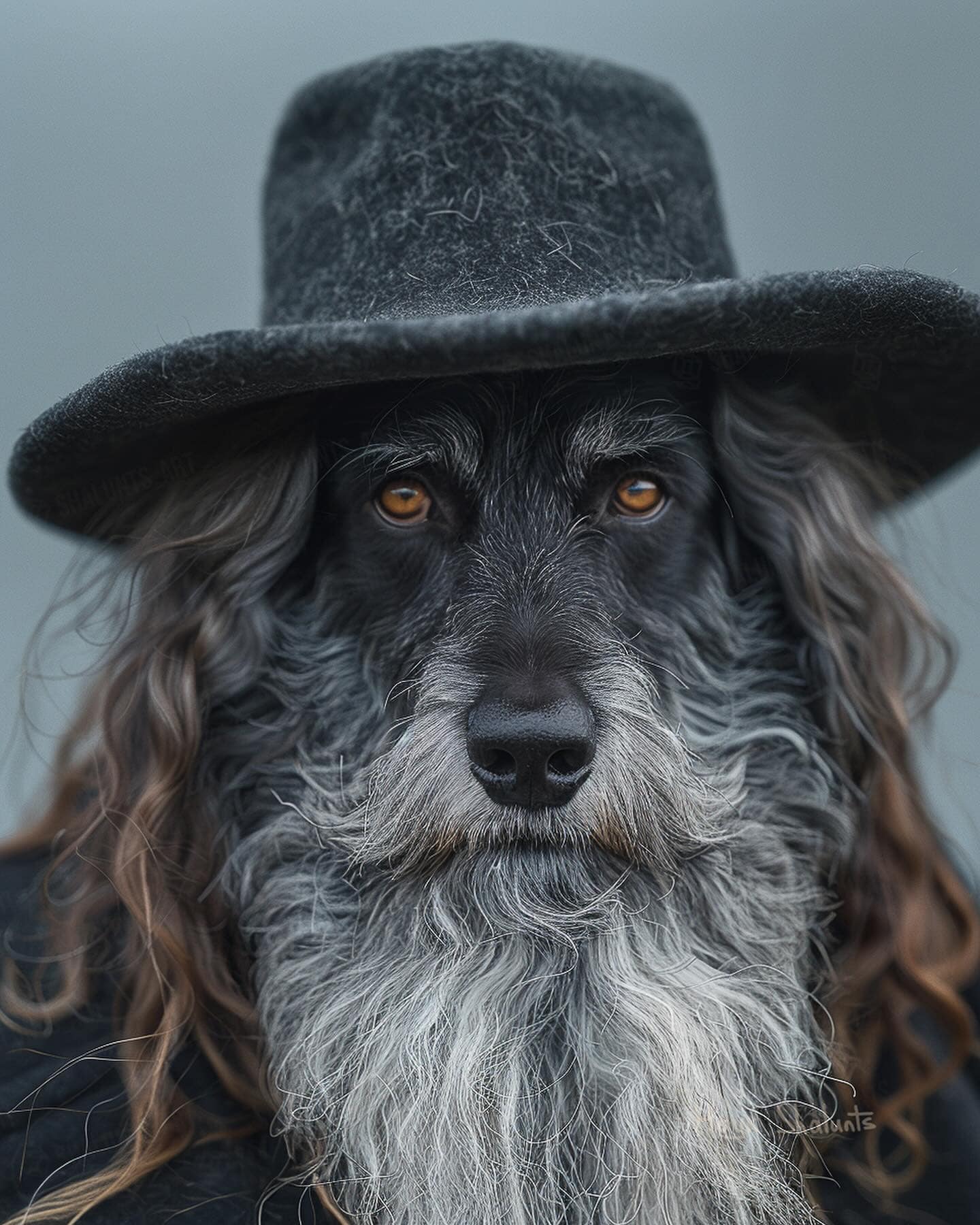 A majestic black dog with long, wavy fur, a gray beard, and piercing amber eyes wears a weathered felt hat. It looks like a wizard or seasoned cowboy. The dog’s serious expression and styling give it the wise, humanlike aura of a fantasy character.