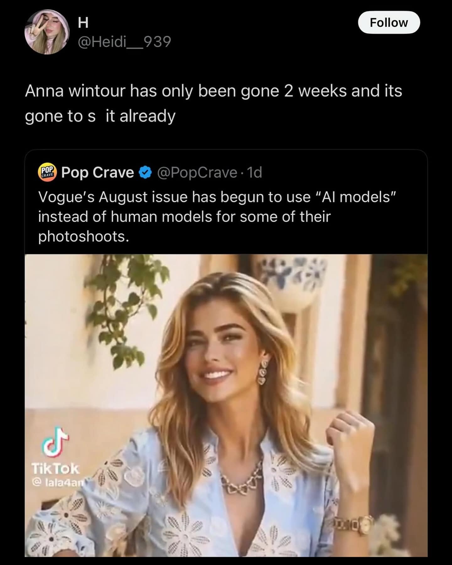 This meme dump entry jokes that a fashion mag switched to AI models after leadership changes, over a glam promo shot.